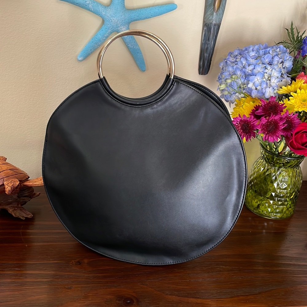 NWOT EXPRESS Black Circular Bag, gold tone hardware, adjustable crossbody strap